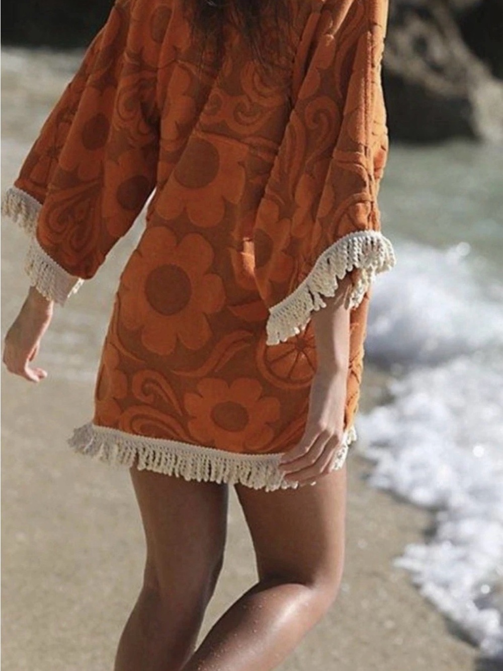 Free People Spell Pomelia Terry Throw Over Fringe Embroider Floral Sun Orange - Picture 4 of 8